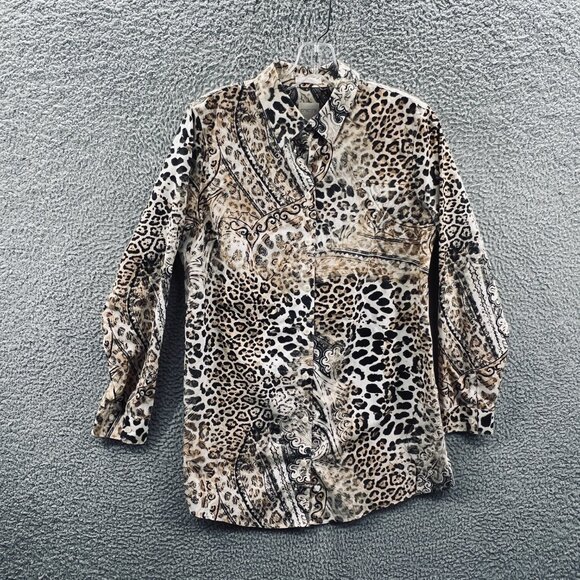Chicos Womens Shirt 0 Small Tan Leopard 100% Cotton Button Front No Iron Top‎ - Picture 1 of 11